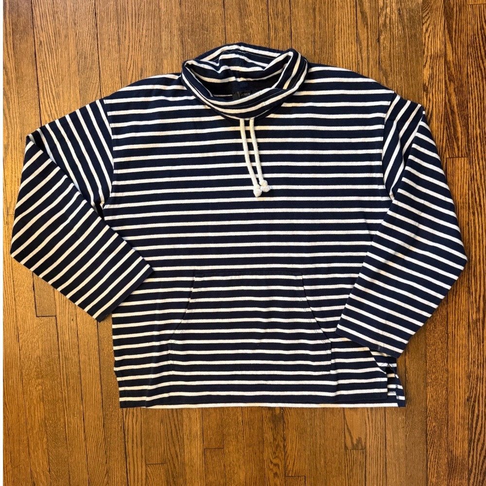J.Crew Womens Navy Blue White Striped Funnel Neck Pullover Kangaroo Pocket M